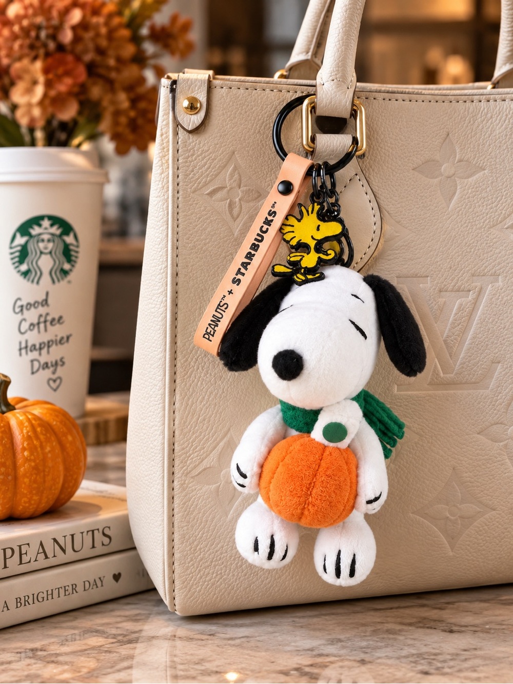 NWT Starbucks + Peanuts Snoopy Pumpkin Plush Keychain Charm Woodstock
